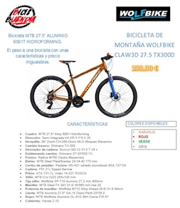 BICICLETA DE MONTAÑA WOLFBIKE CLAW3D 27.5 TX300D